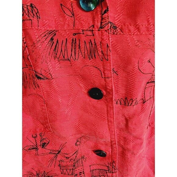 Chico's 2 100% Silk Red Black Long Slv Button-up Large Shirt Stick Figures Print - Picture 9 of 11